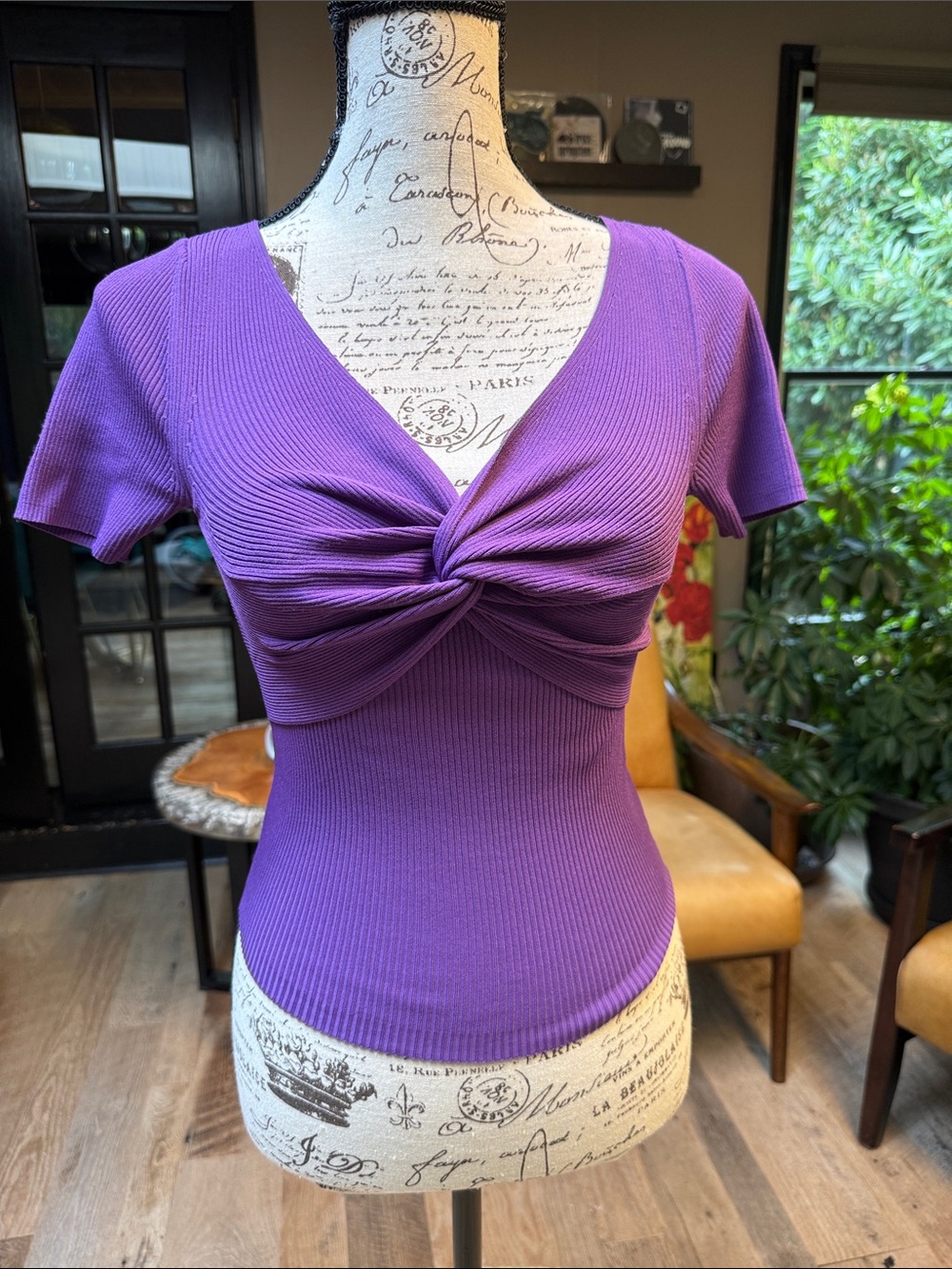 Sandro Violet Twist-Knot Ribbed Crop Top